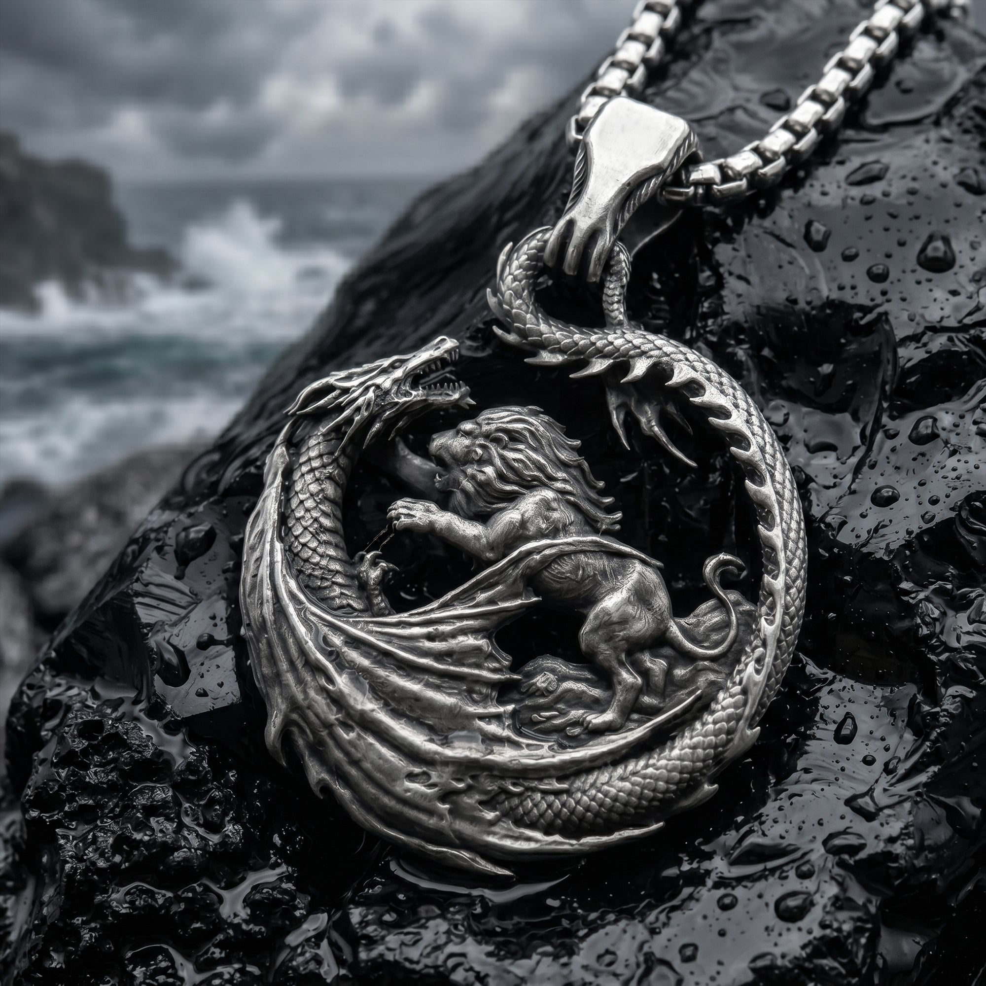 Lion Fighting Dragon Pendant - Heavy 925 Sterling Silver Biker Jewelry | WILL UNTAMED