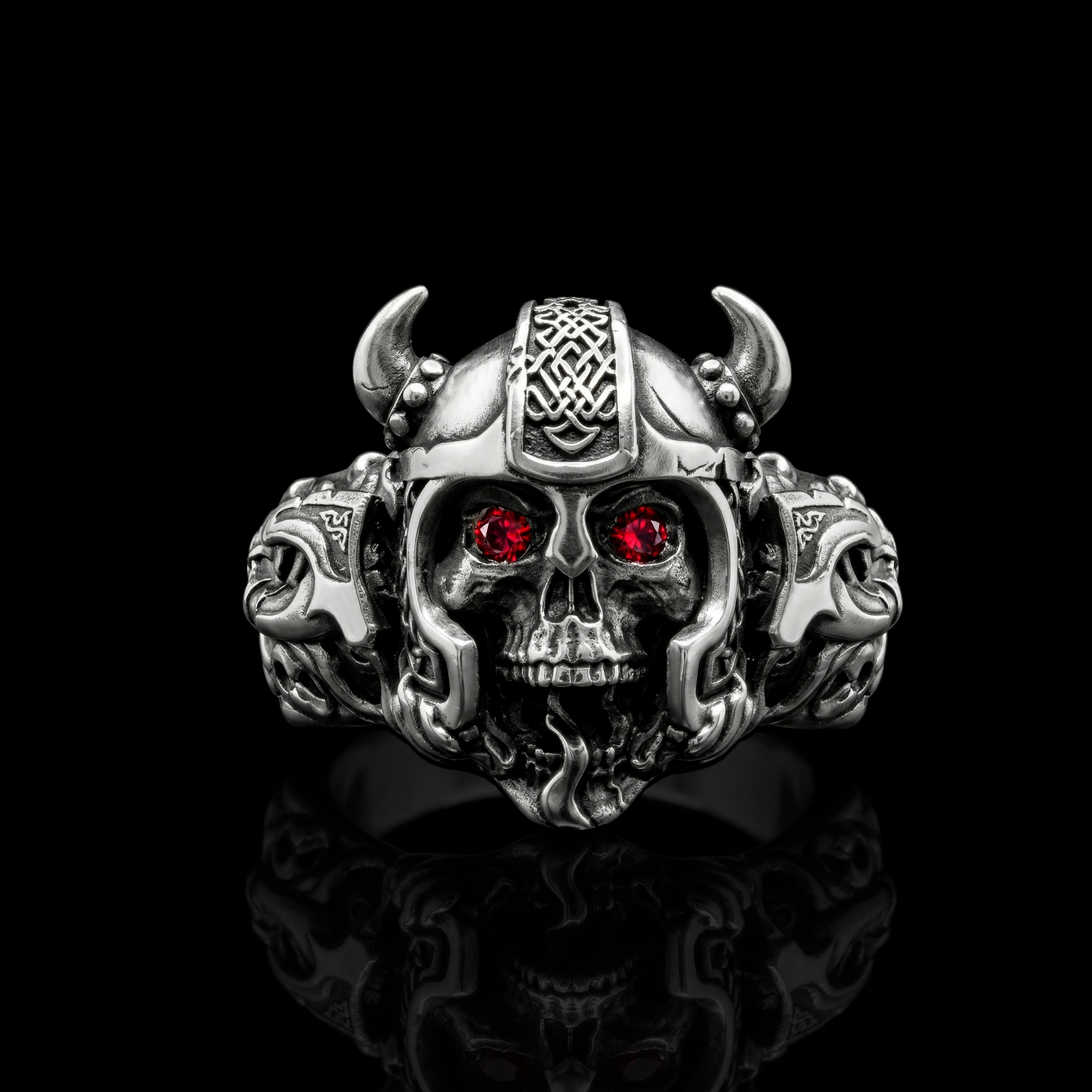 Viking Skull Biker Ring – Sterling Silver Helmet Design with Red Gem Eyes | WARBORN FLAME