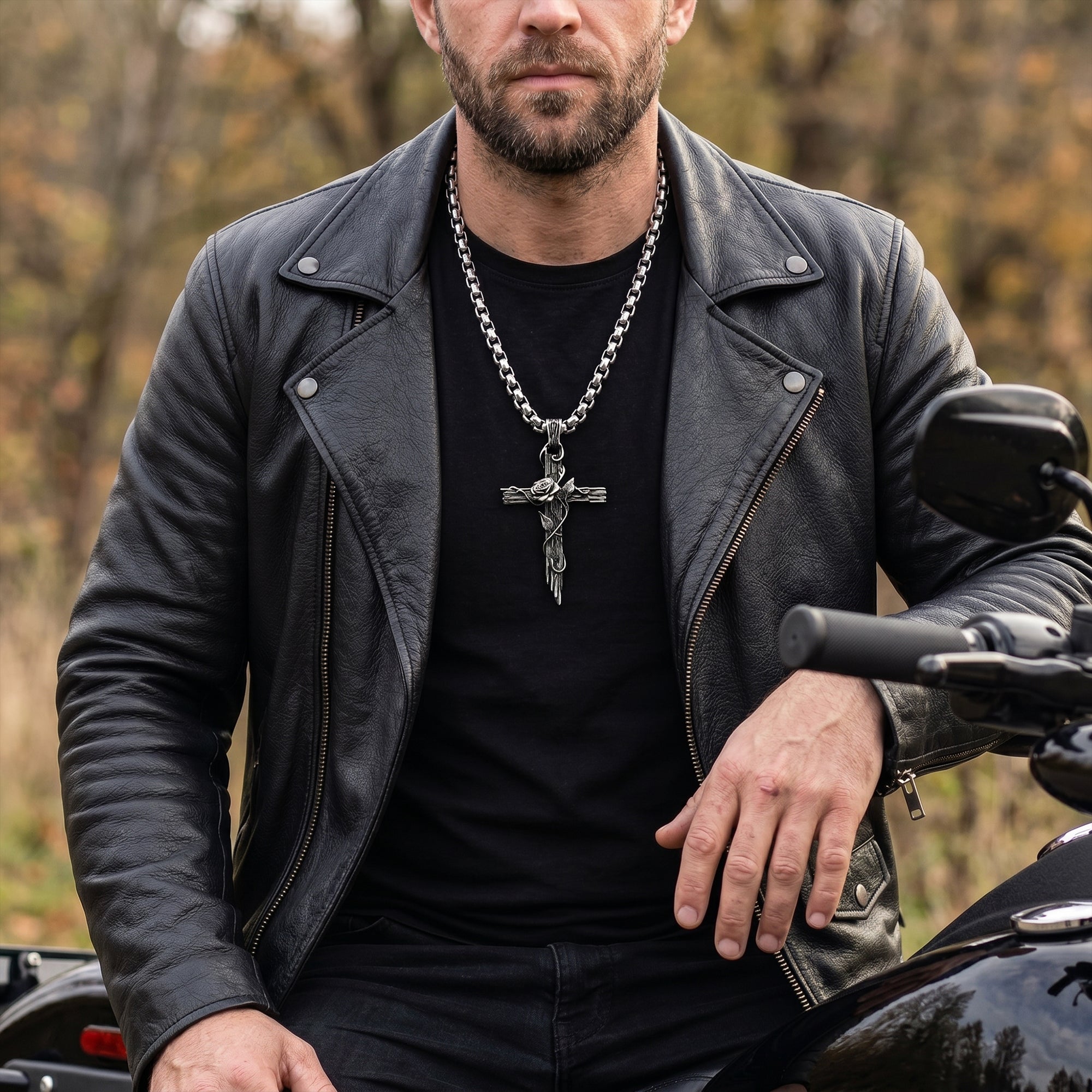 Rose Gothic Cross Biker Pendant 925 Sterling Silver | THORNBOUND ROSE CROSS