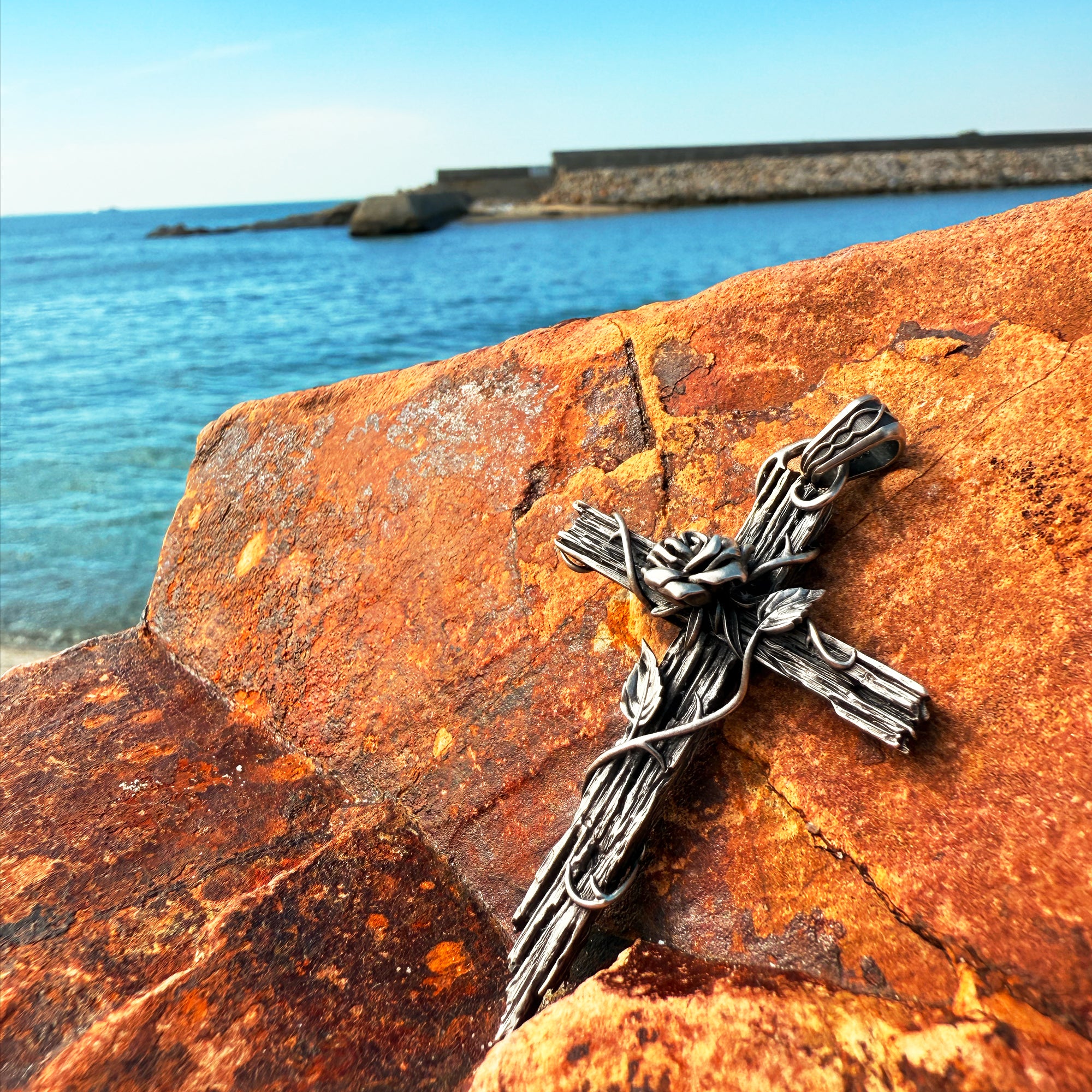 Rose Gothic Cross Biker Pendant 925 Sterling Silver | THORNBOUND ROSE CROSS