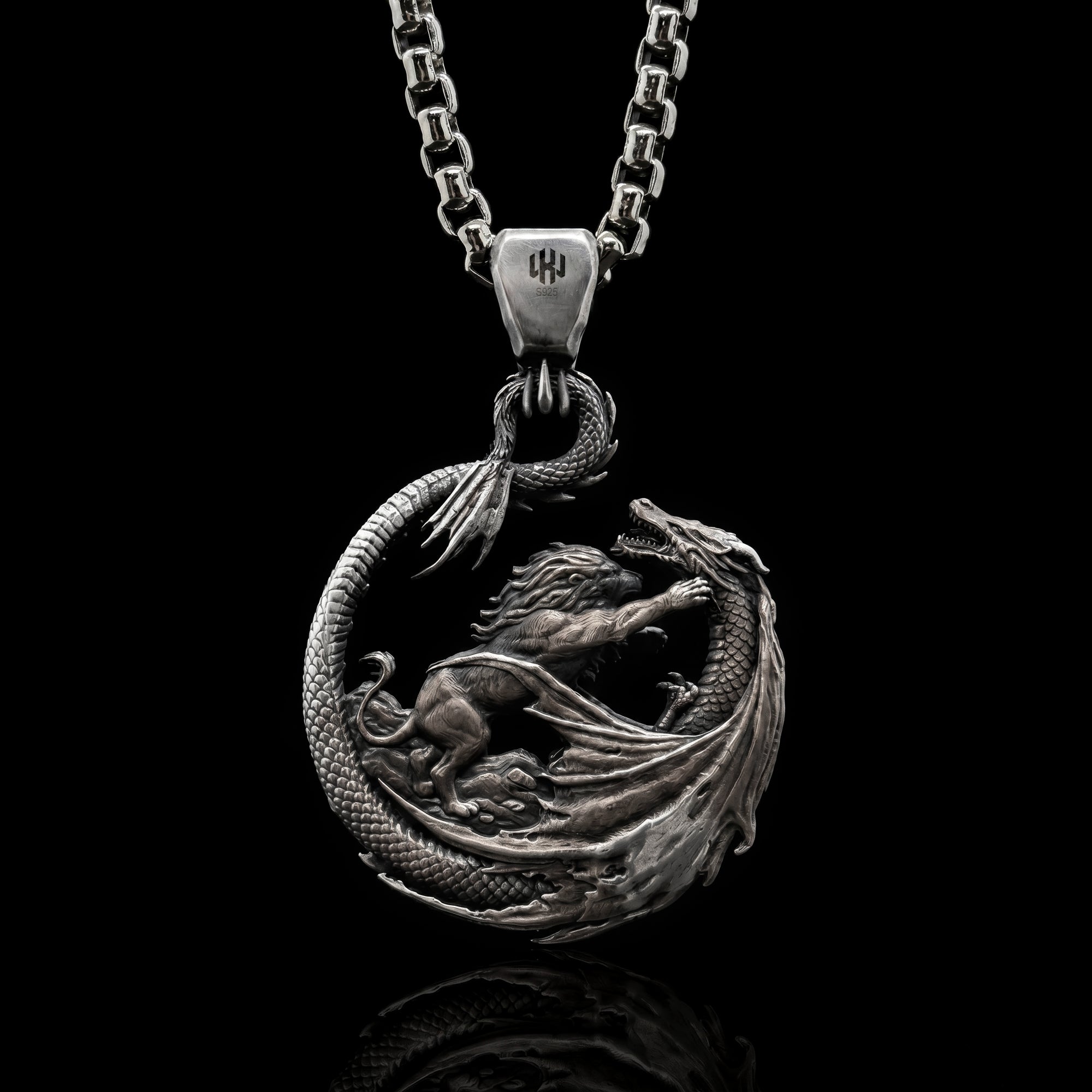 Lion Fighting Dragon Pendant - Heavy 925 Sterling Silver Biker Jewelry | WILL UNTAMED