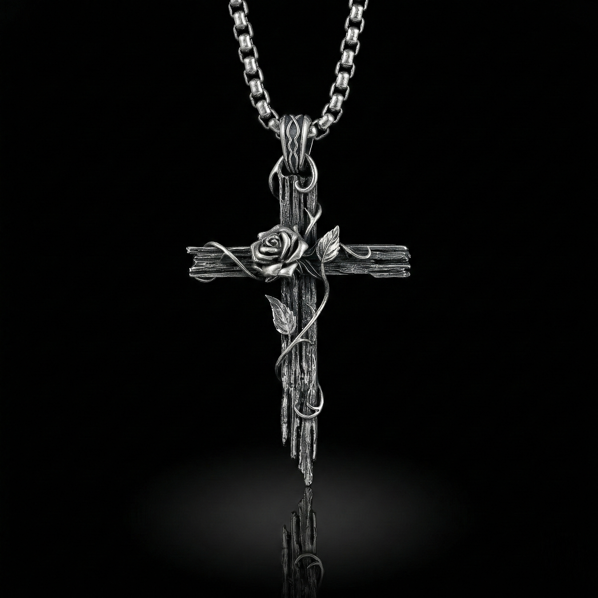 Rose Cross Biker Pendant – Sterling Silver Gothic Motorcycle Jewelry | THORNED ROSE CROSS
