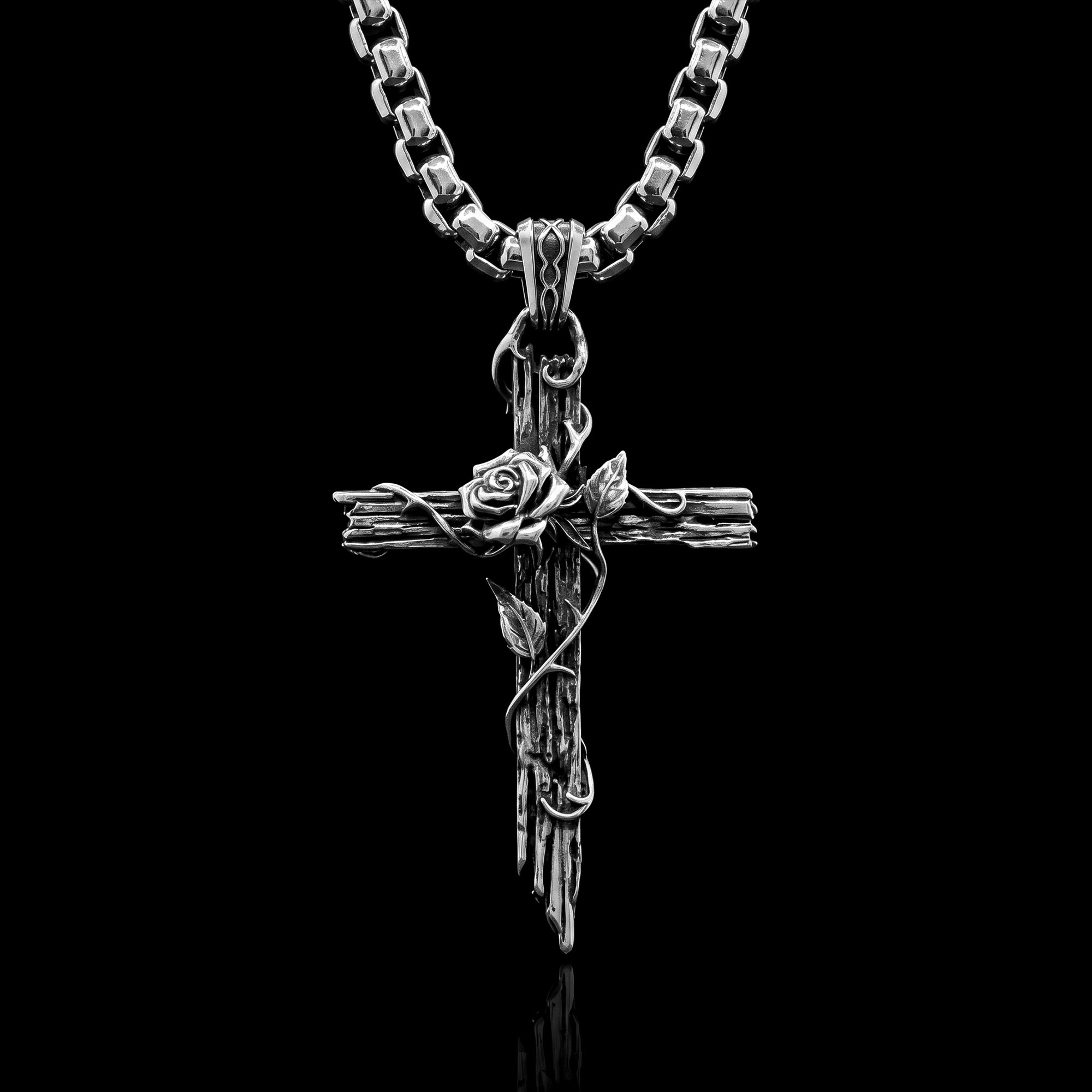 Rose Gothic Cross Biker Pendant 925 Sterling Silver | THORNBOUND ROSE CROSS