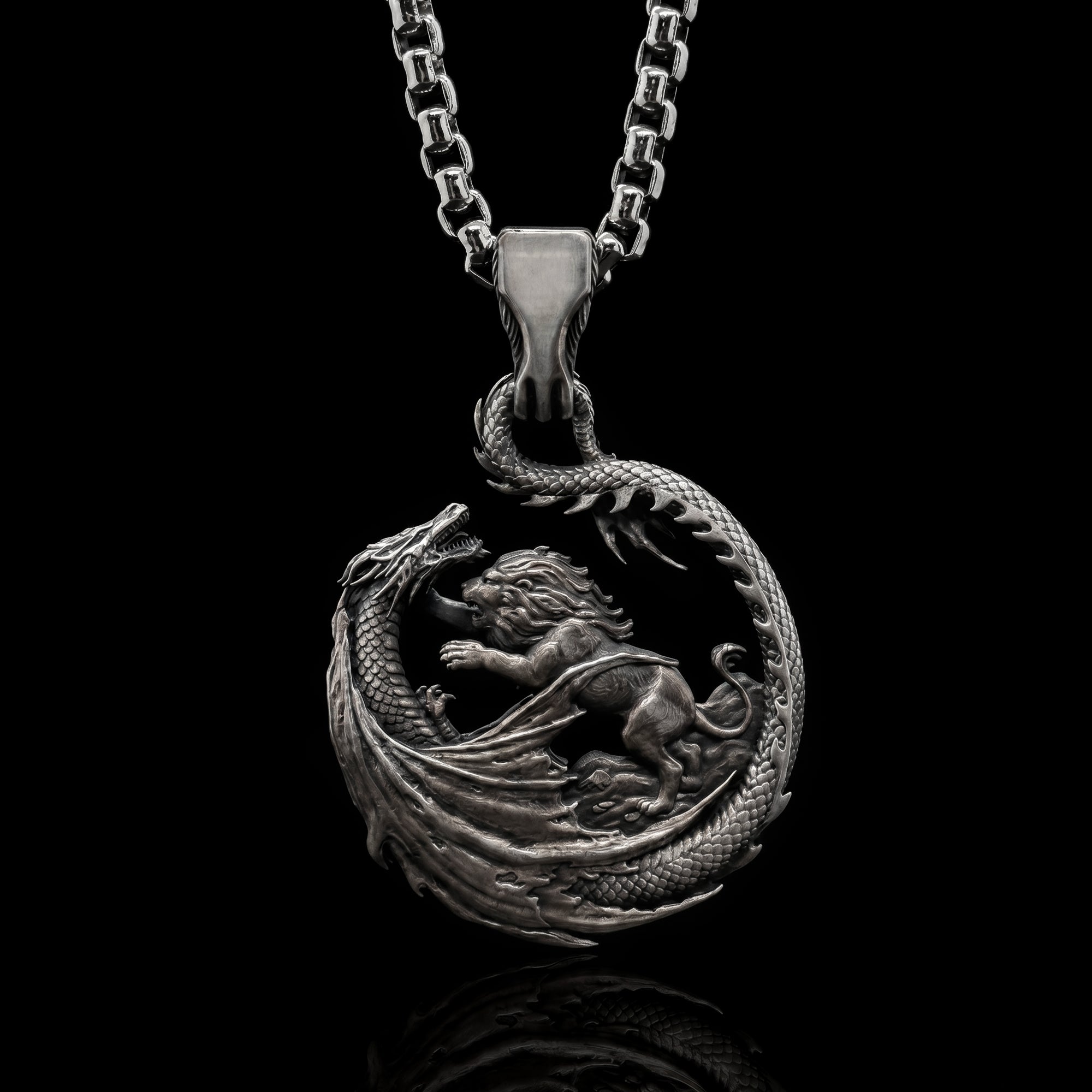 Lion Fighting Dragon Pendant - Heavy 925 Sterling Silver Biker Jewelry | WILL UNTAMED