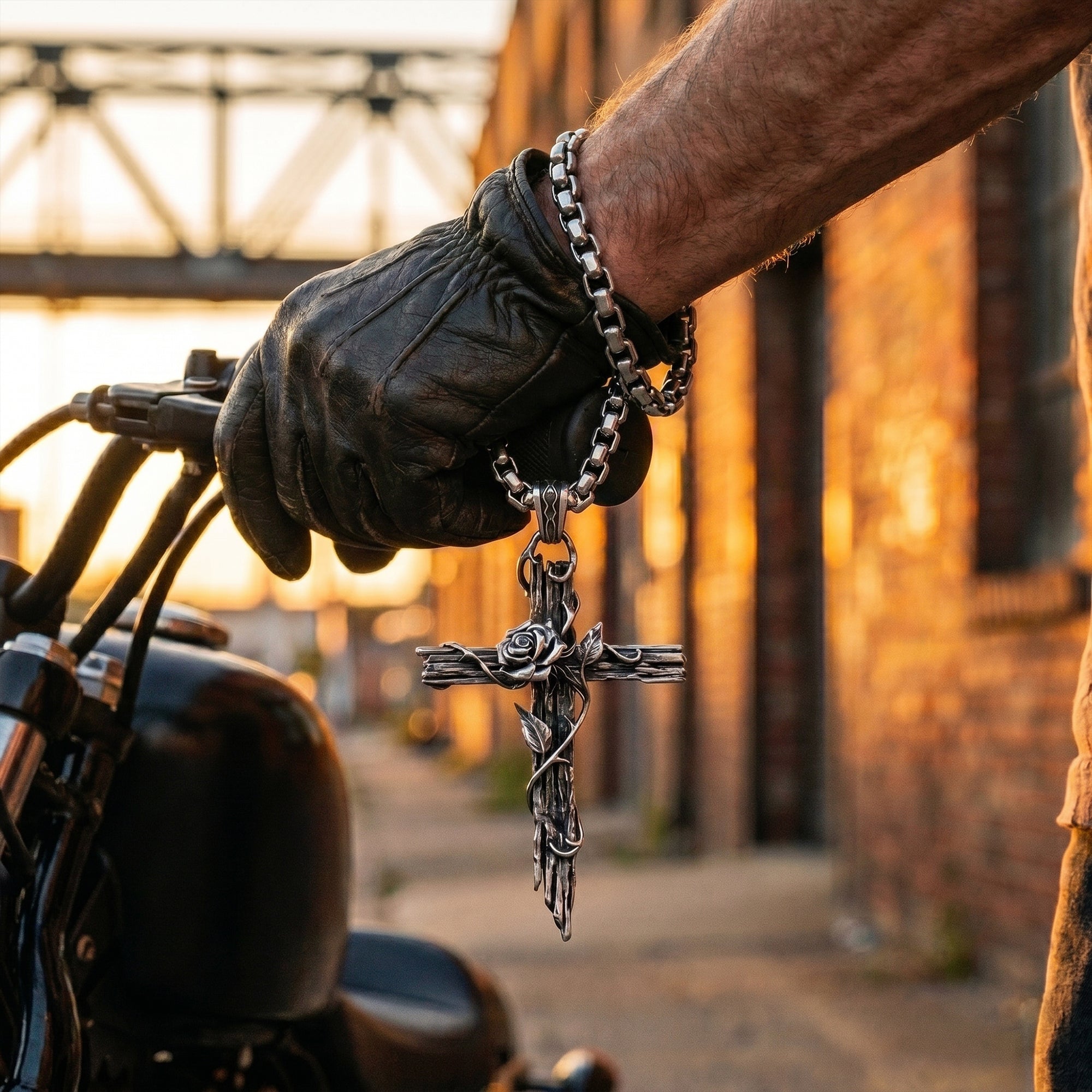 Rose Gothic Cross Biker Pendant 925 Sterling Silver | THORNBOUND ROSE CROSS